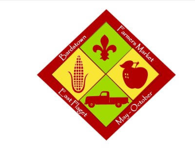 Diamond with a fleur-de-lis, corn, apple and truck symbols.